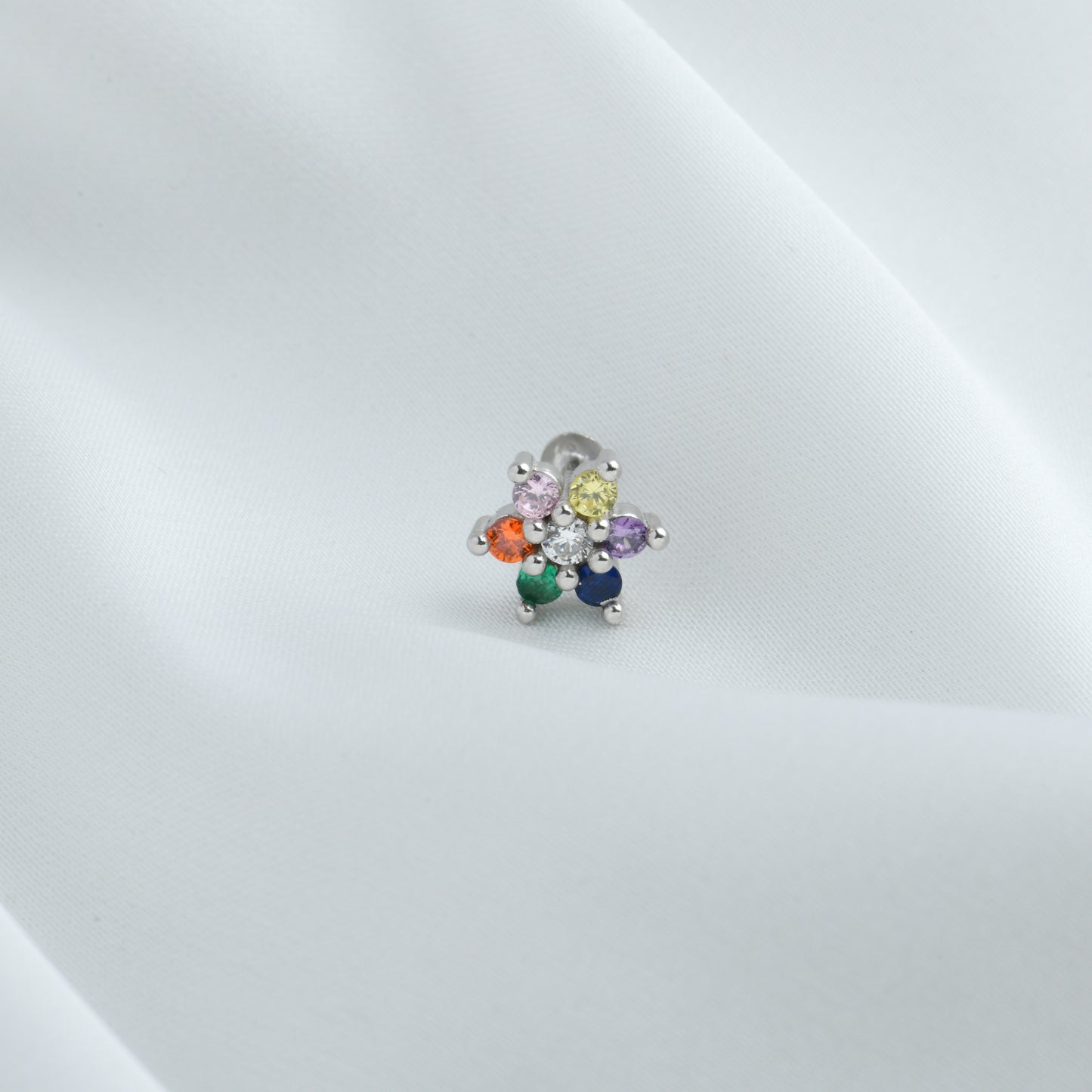 Rainbow CZ Silver Nose Pin