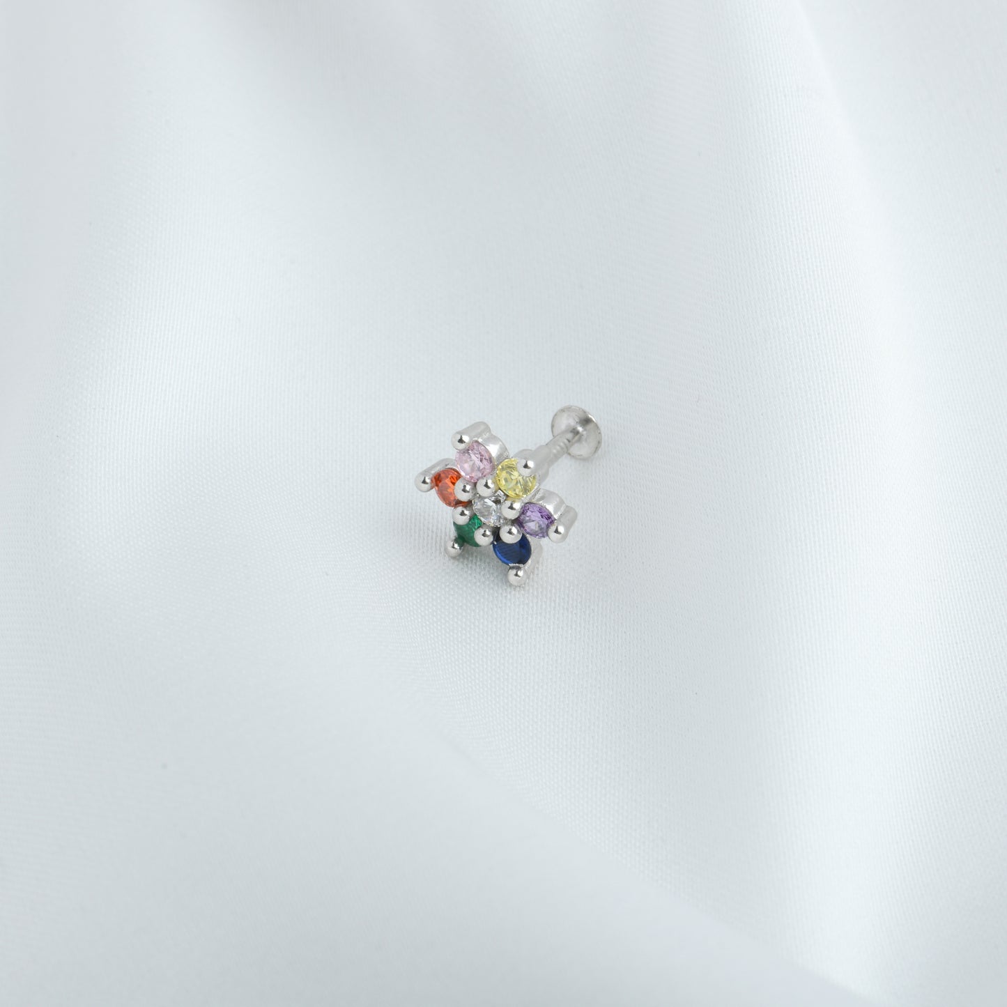 Rainbow CZ Silver Nose Pin