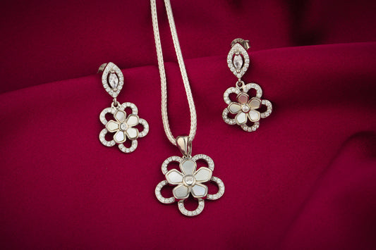 Silver, Zircon And MOP Flower Pendant Set