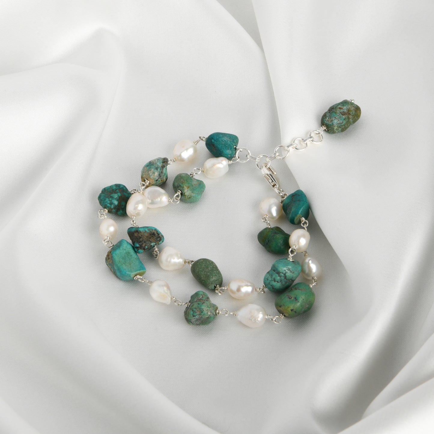 Turquoise Tumbles And Pearl Double Line Bracelet
