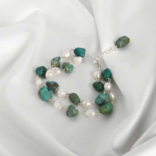 Turquoise Tumbles And Pearl Double Line Bracelet