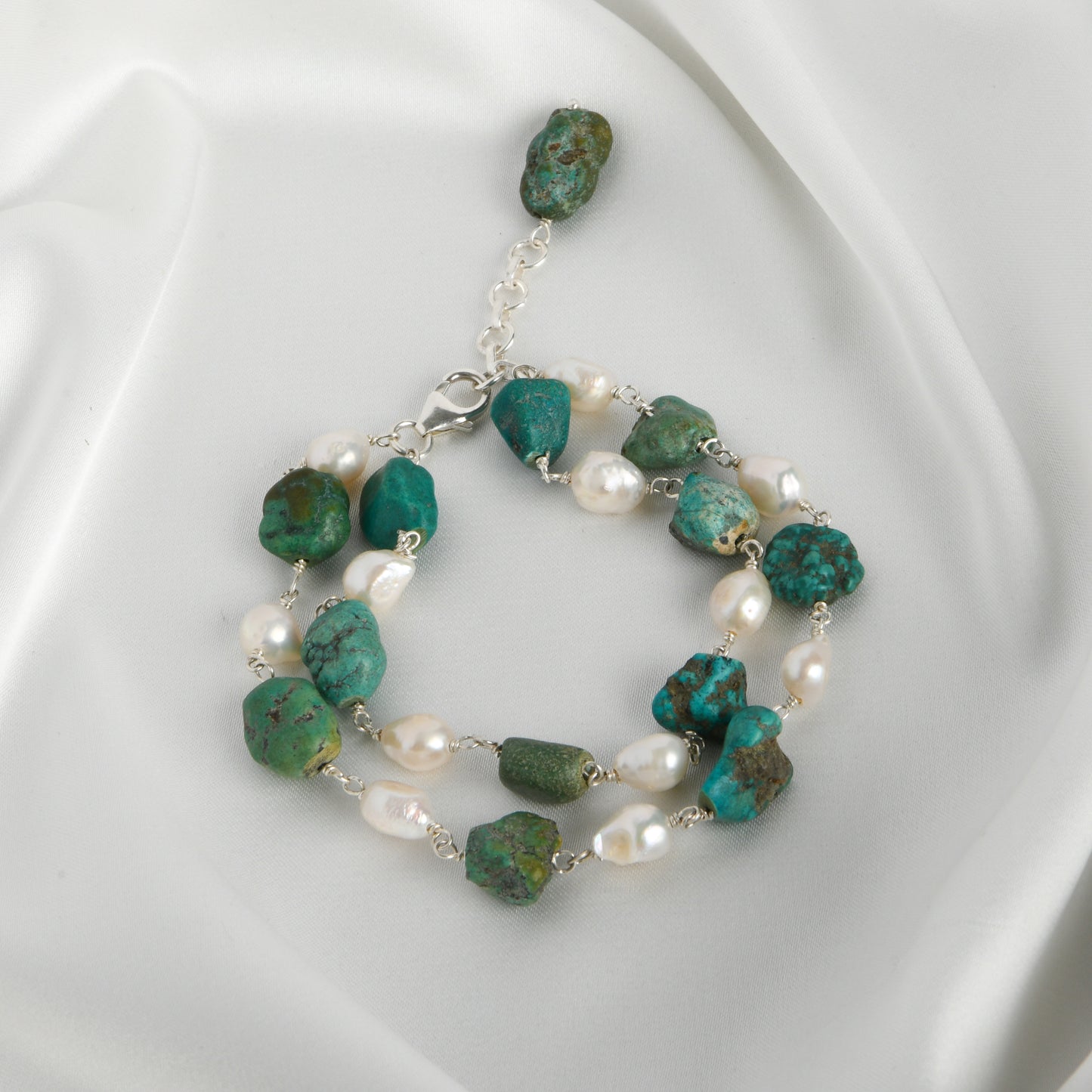 Turquoise Tumbles And Pearl Double Line Bracelet