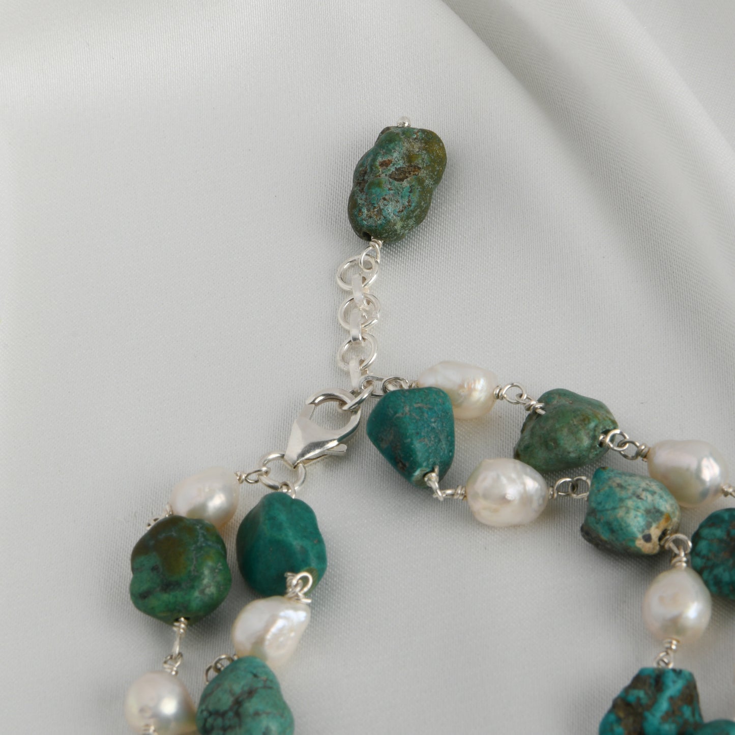 Turquoise Tumbles And Pearl Double Line Bracelet