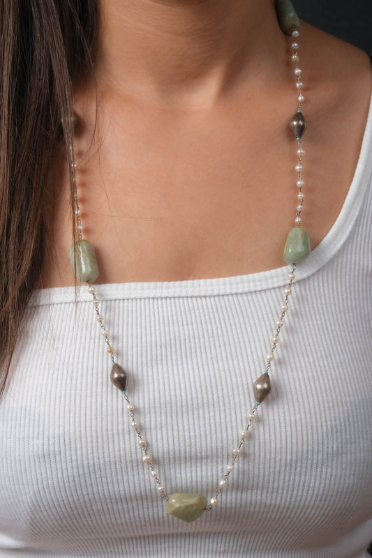 Silver, Green Tumbled Jade, Pearls and Turquoise Necklace