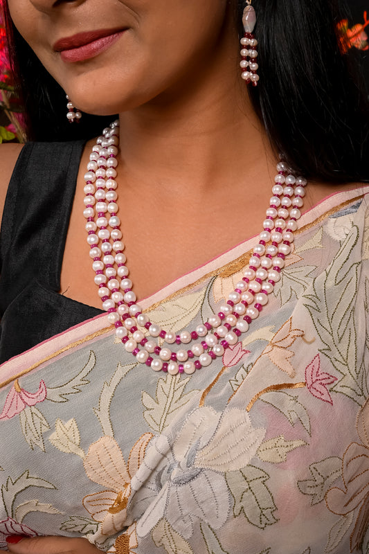 Triple Layered Ruby Pearl Necklace