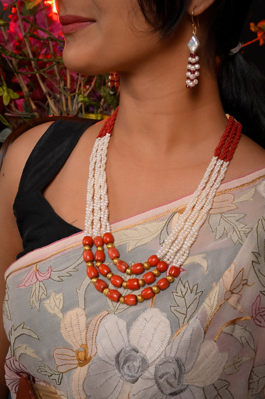 Pearl Coral And Gold Beads Triple Layered Necklace