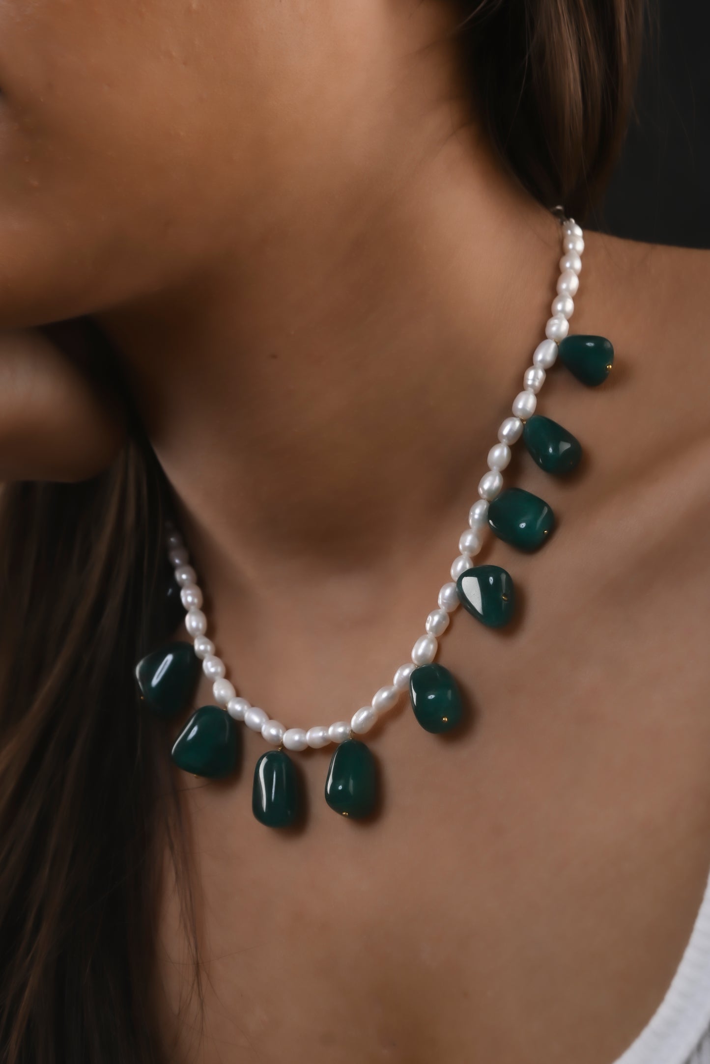 Pearl And Tumbled Green Onyx Necklace