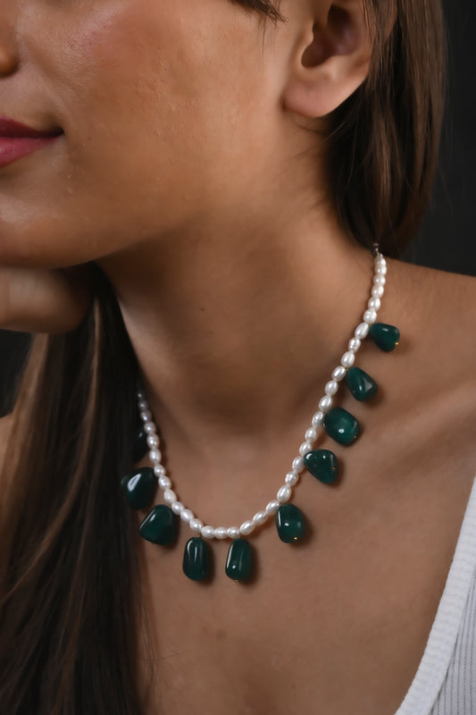 Pearl And Tumbled Green Onyx Necklace