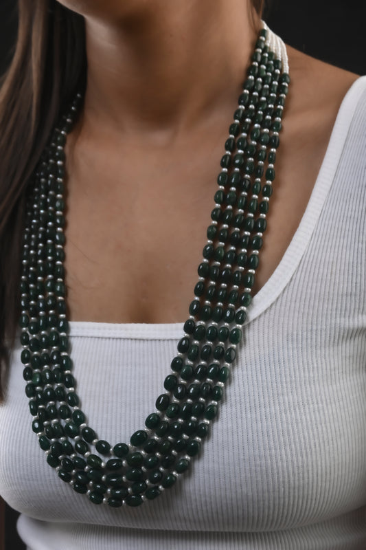 Moss Green Agates and Freshwater Pearls Multilayered Necklace