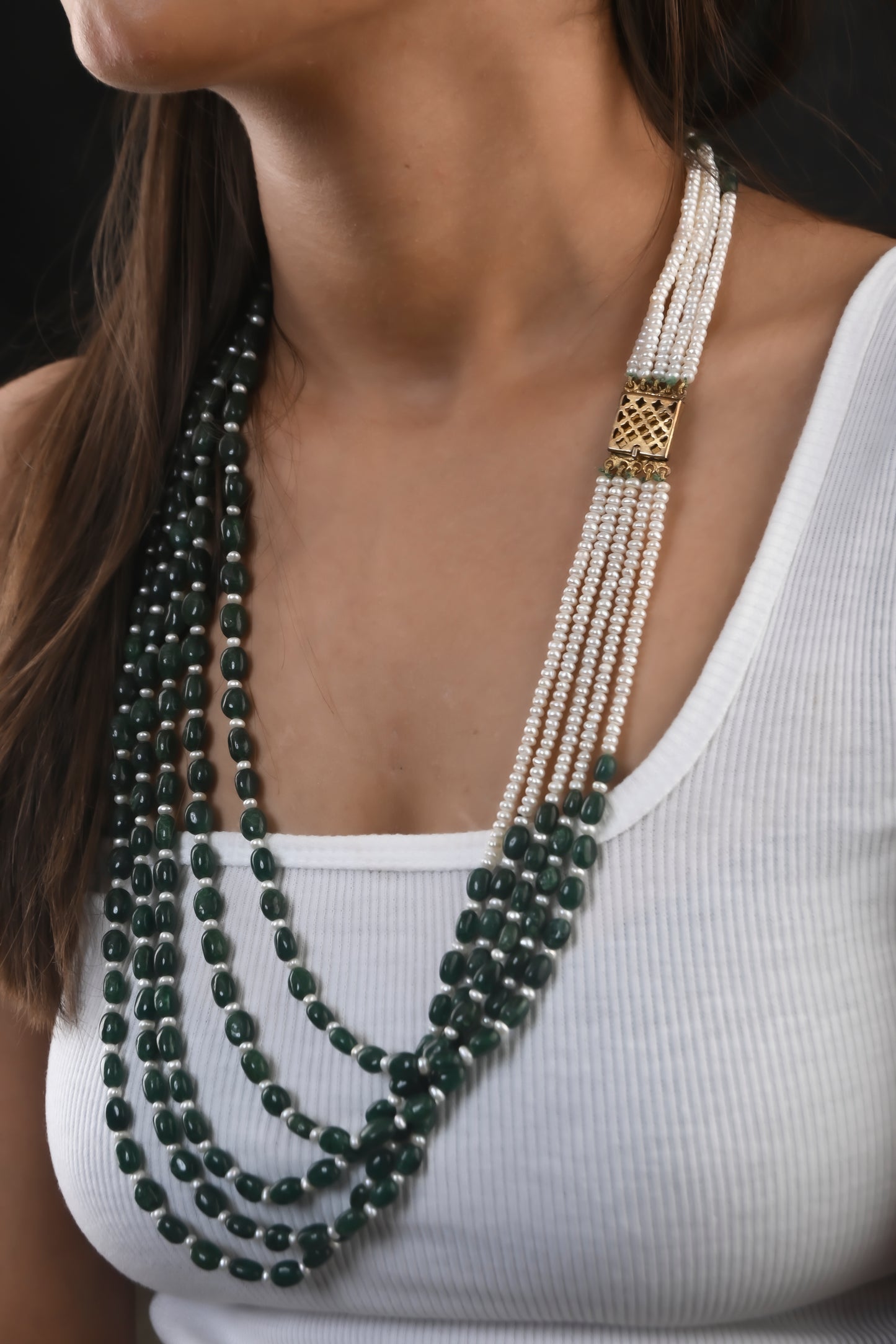 Moss Green Agates and Freshwater Pearls Multilayered Necklace