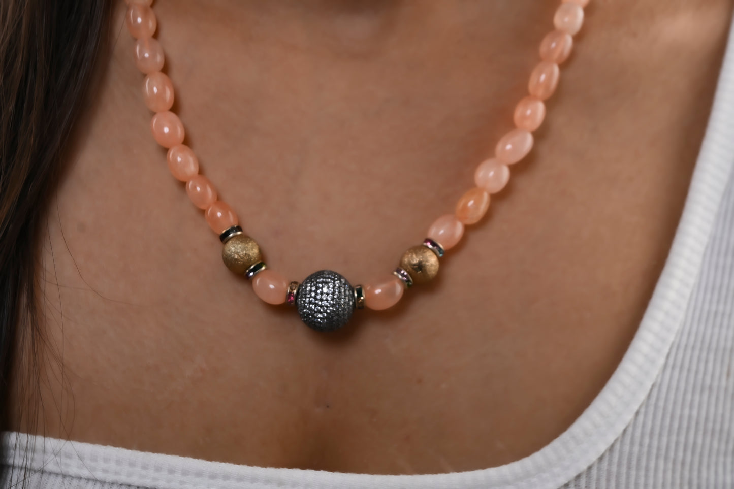 Peachy Agates Zircon and Golden Beads Necklace