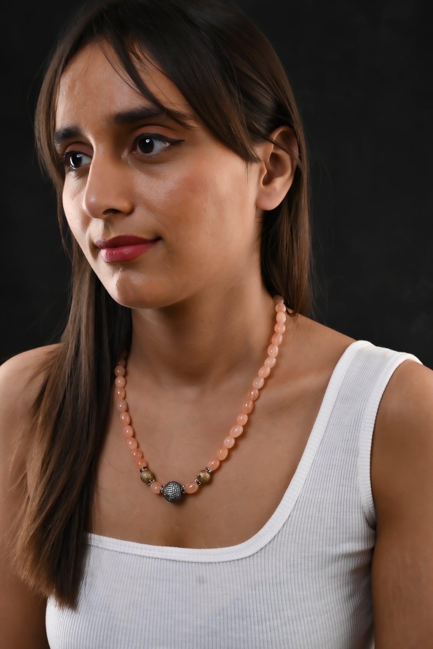 Peachy Agates Zircon and Golden Beads Necklace