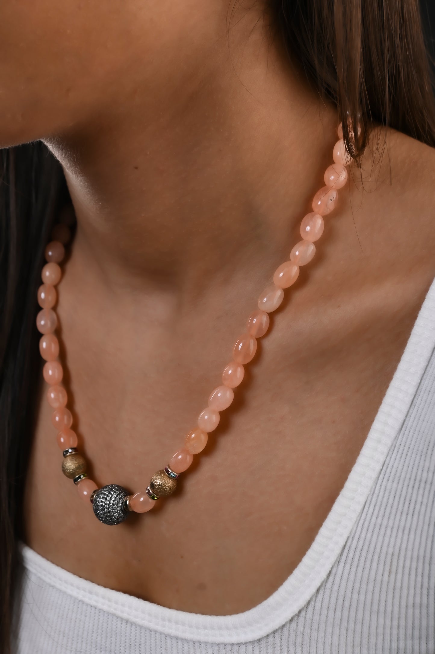 Peachy Agates Zircon and Golden Beads Necklace