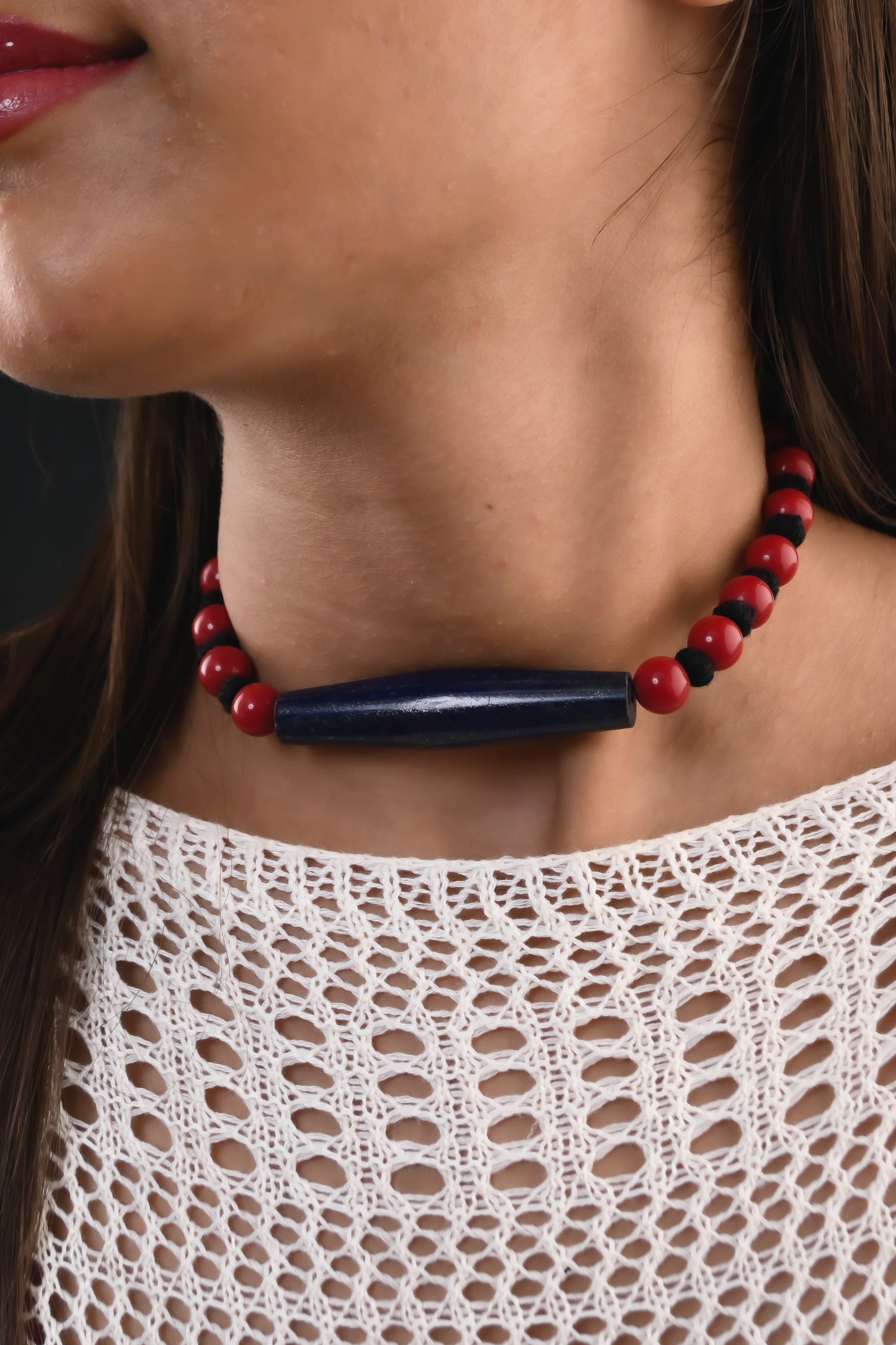 Lapis Lazuli Red Beads Thread Necklace