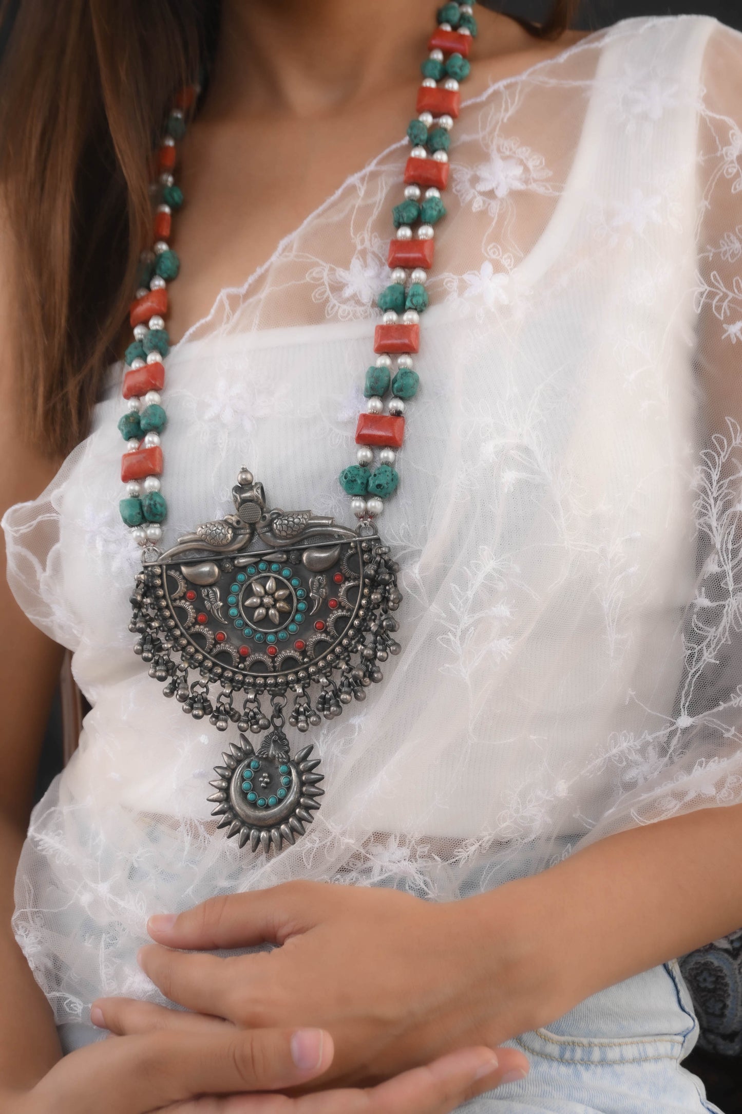 Silver Coral and Turquoise Designer Necklace