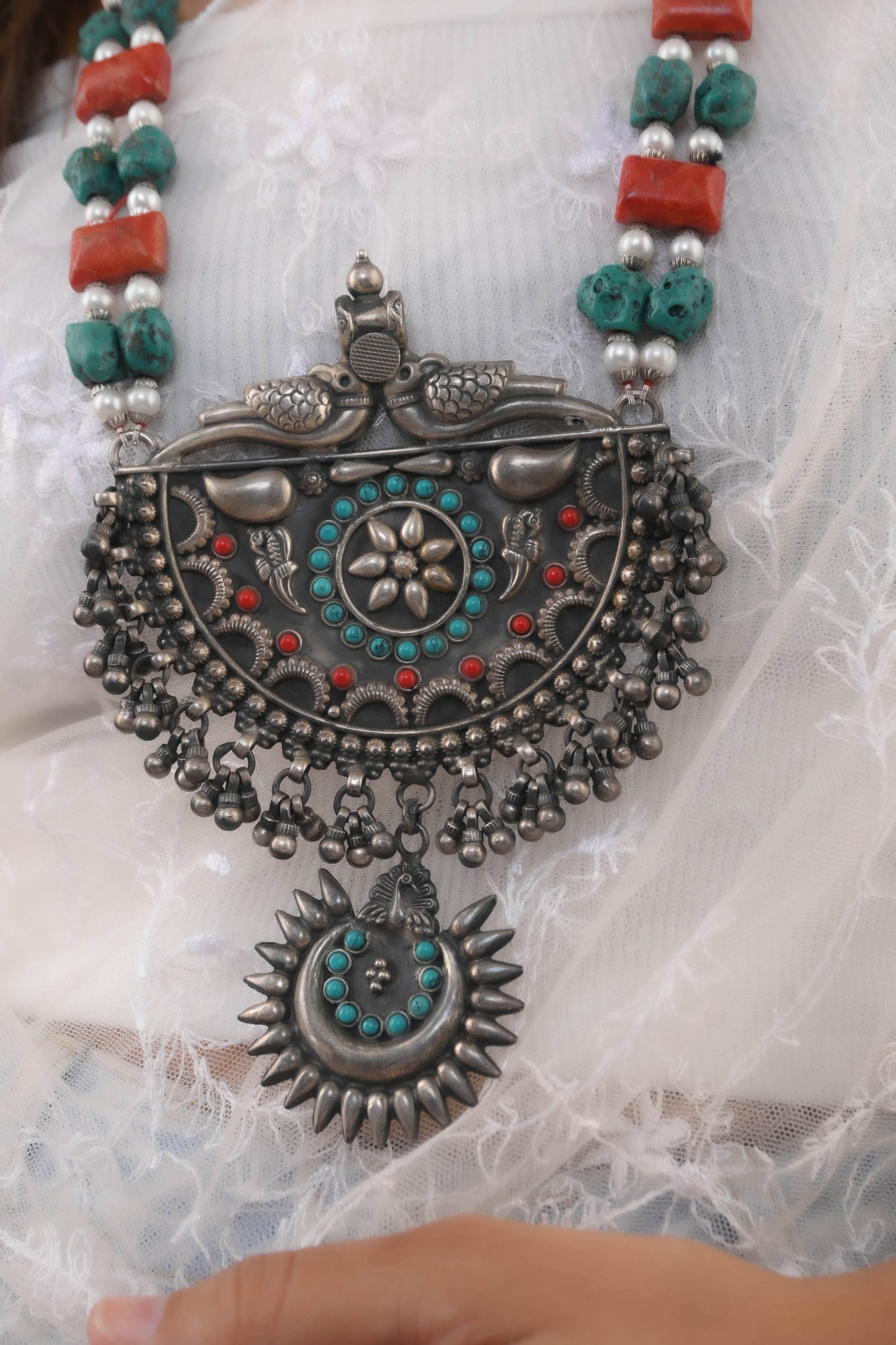 Silver Coral and Turquoise Designer Necklace