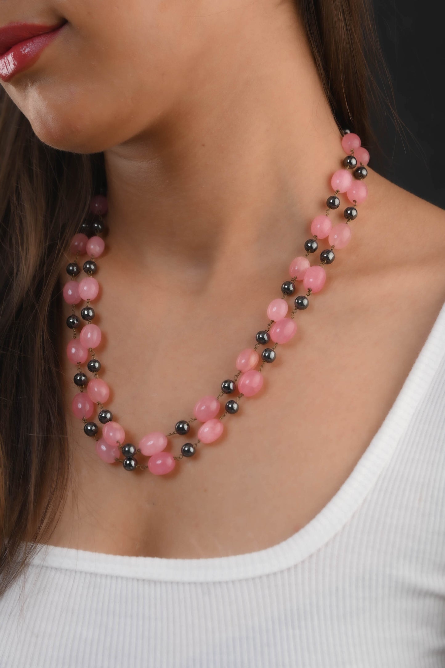 Pink Agates and Grey Pearls Doublet Necklace