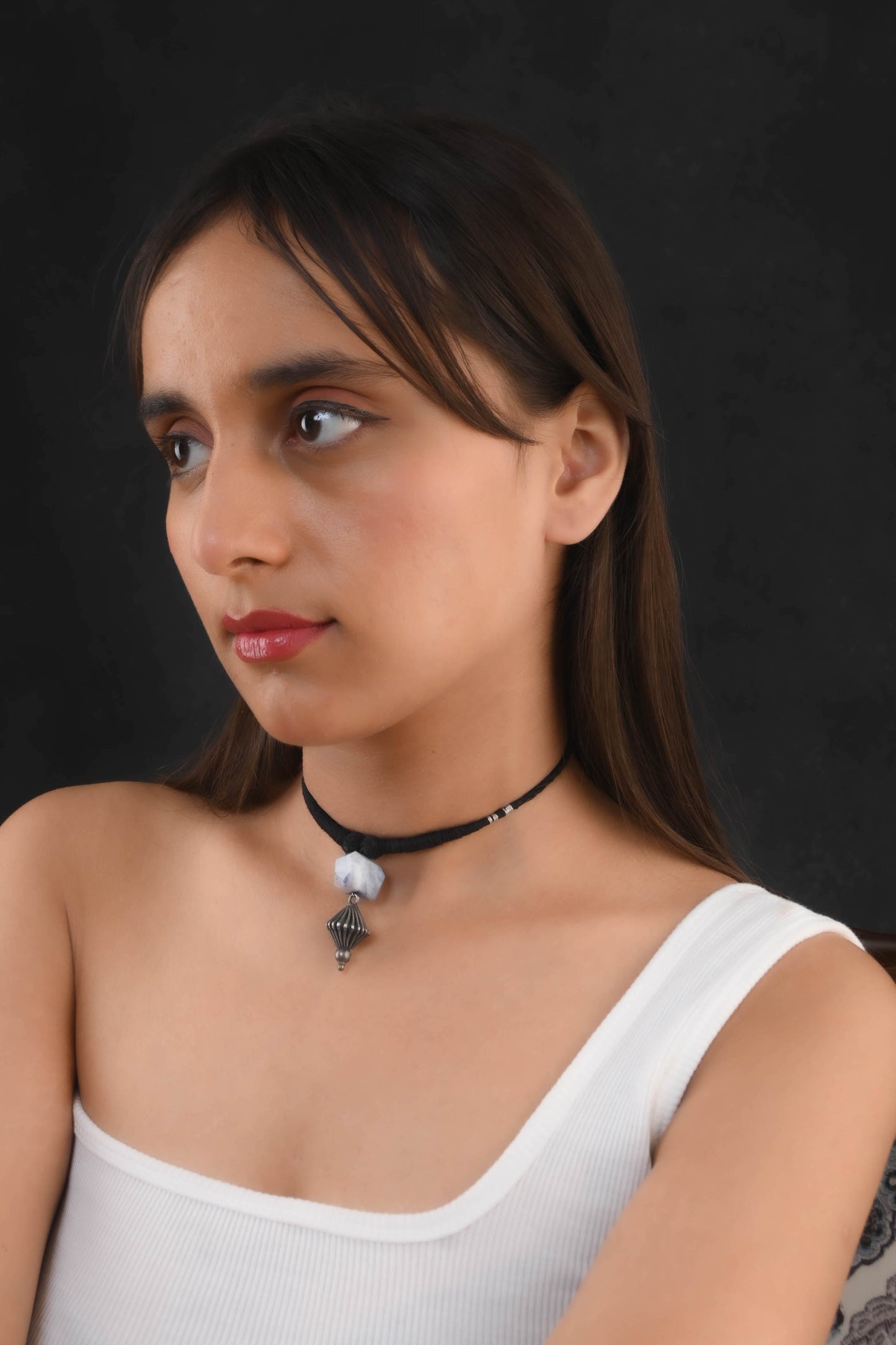 Silver Drop In Black Thread Necklace