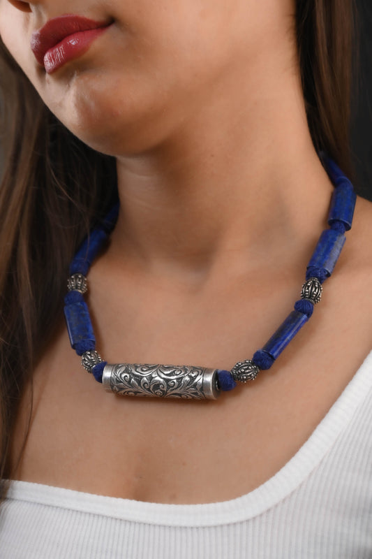 Silver Chitai Beads And Lapis Lazuli Unique Beads Necklace