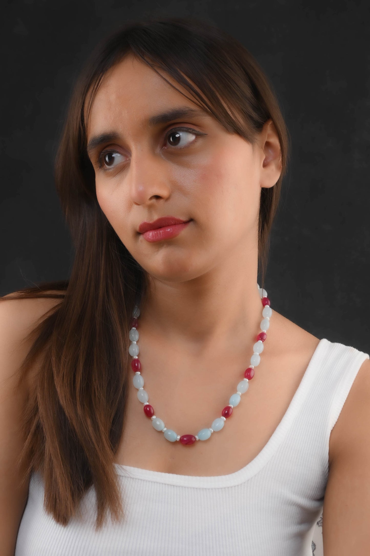 Blue And Red Jade Pearl Beaded Necklace