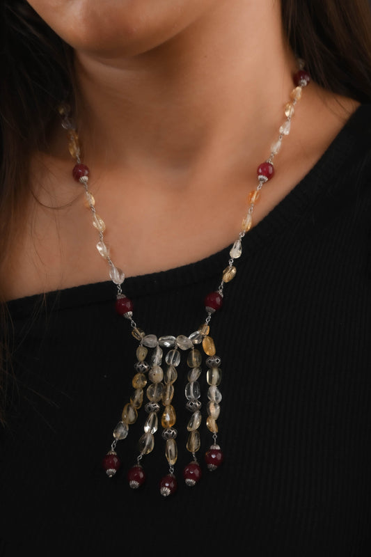 Silver, Citrine, Red Onyx Beads Necklace