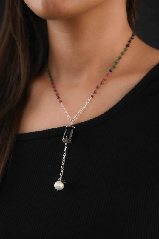 Black Onyx Pearl Tourmaline Minimal Necklace