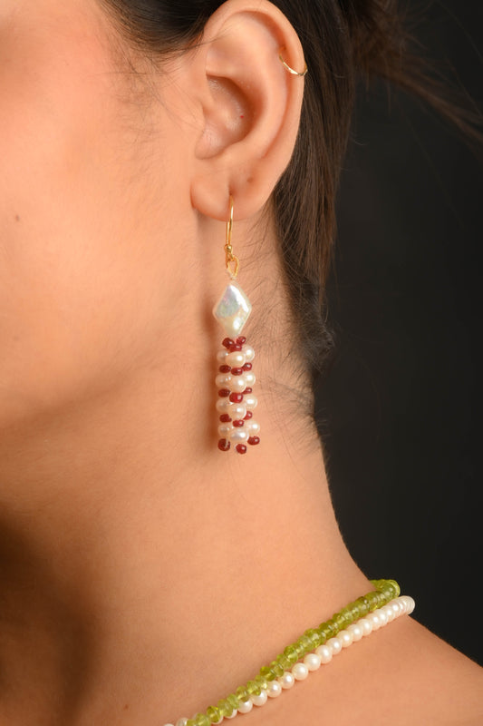 Fancy Pearls and Red Onyx Beads Earrings