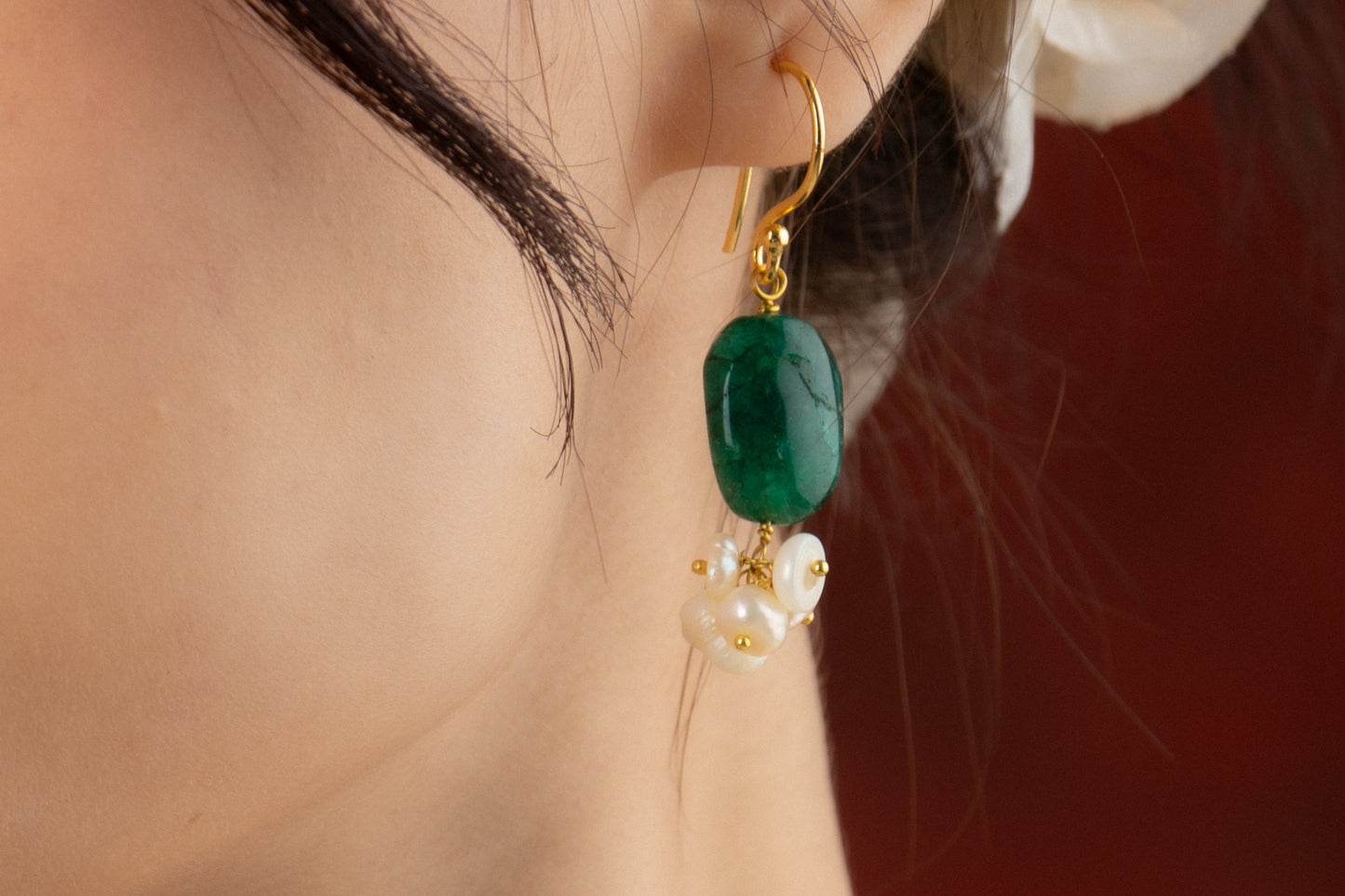 Emerald Green Stone And  Pearl Earrings