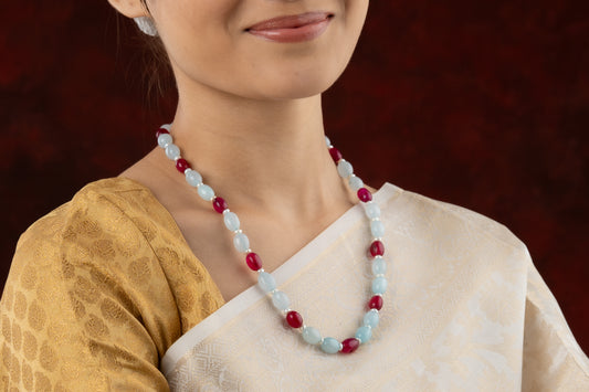 Blue And Red Jade Pearl Beaded Necklace