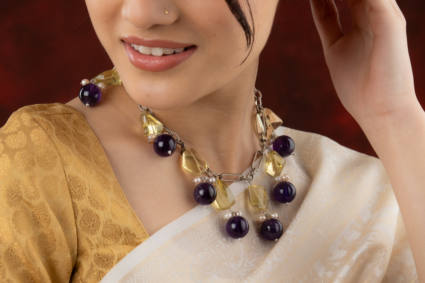 Vibrant Amethyst Lemon Topaz And Pearls Necklace Set