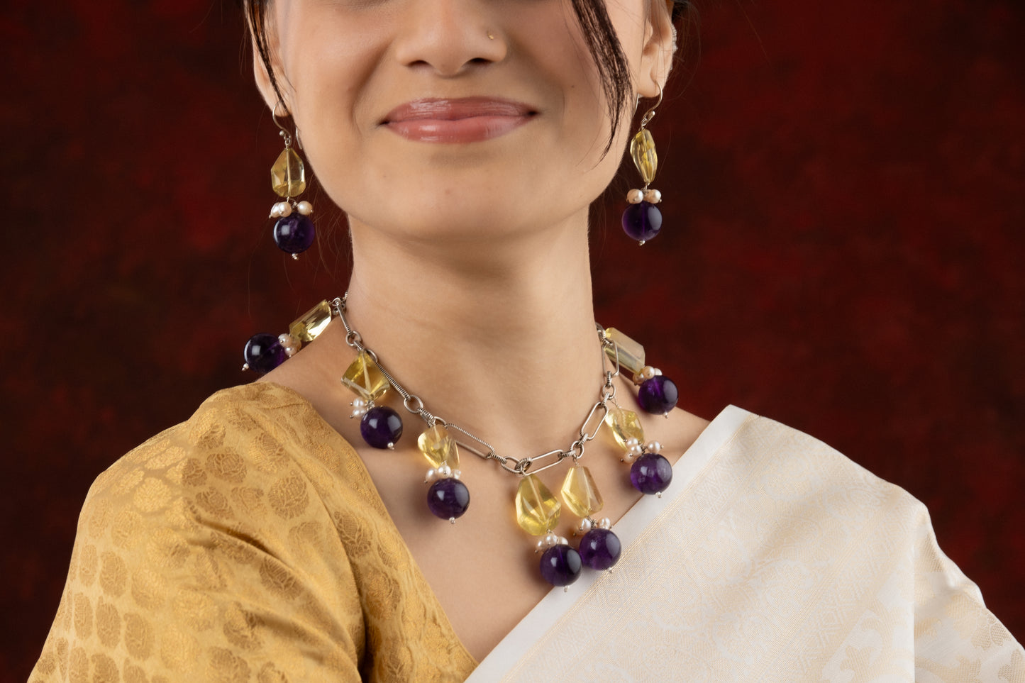 Vibrant Amethyst Lemon Topaz And Pearls Necklace Set