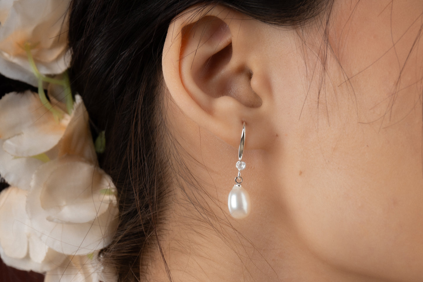 Silver Pearl Drops With Zirconia Stone