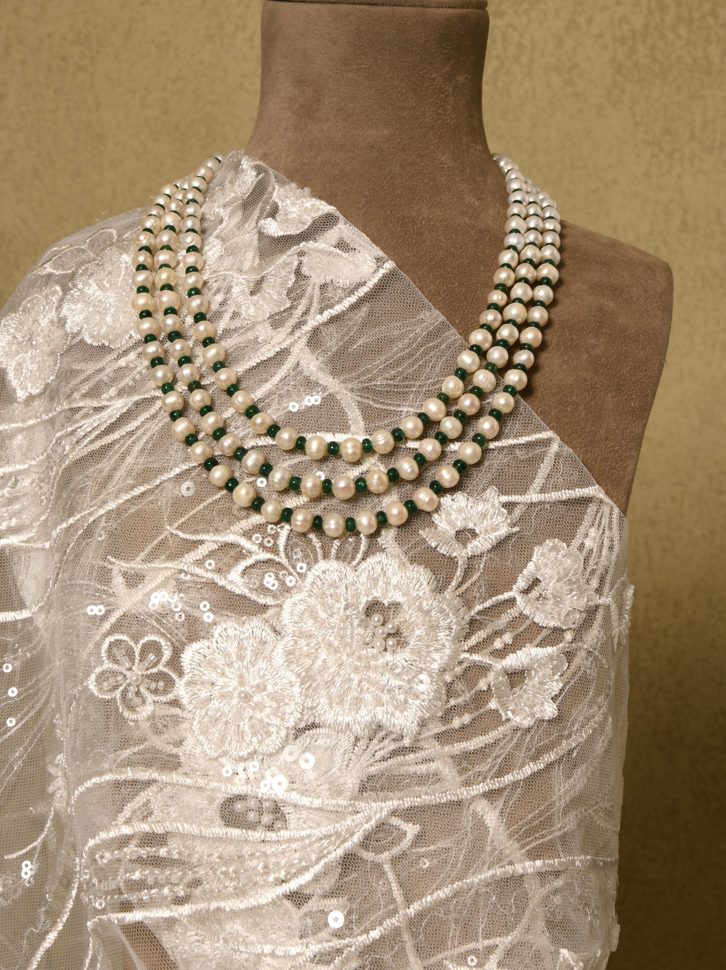 Pearl and Green Onyx Triple Layered Necklace