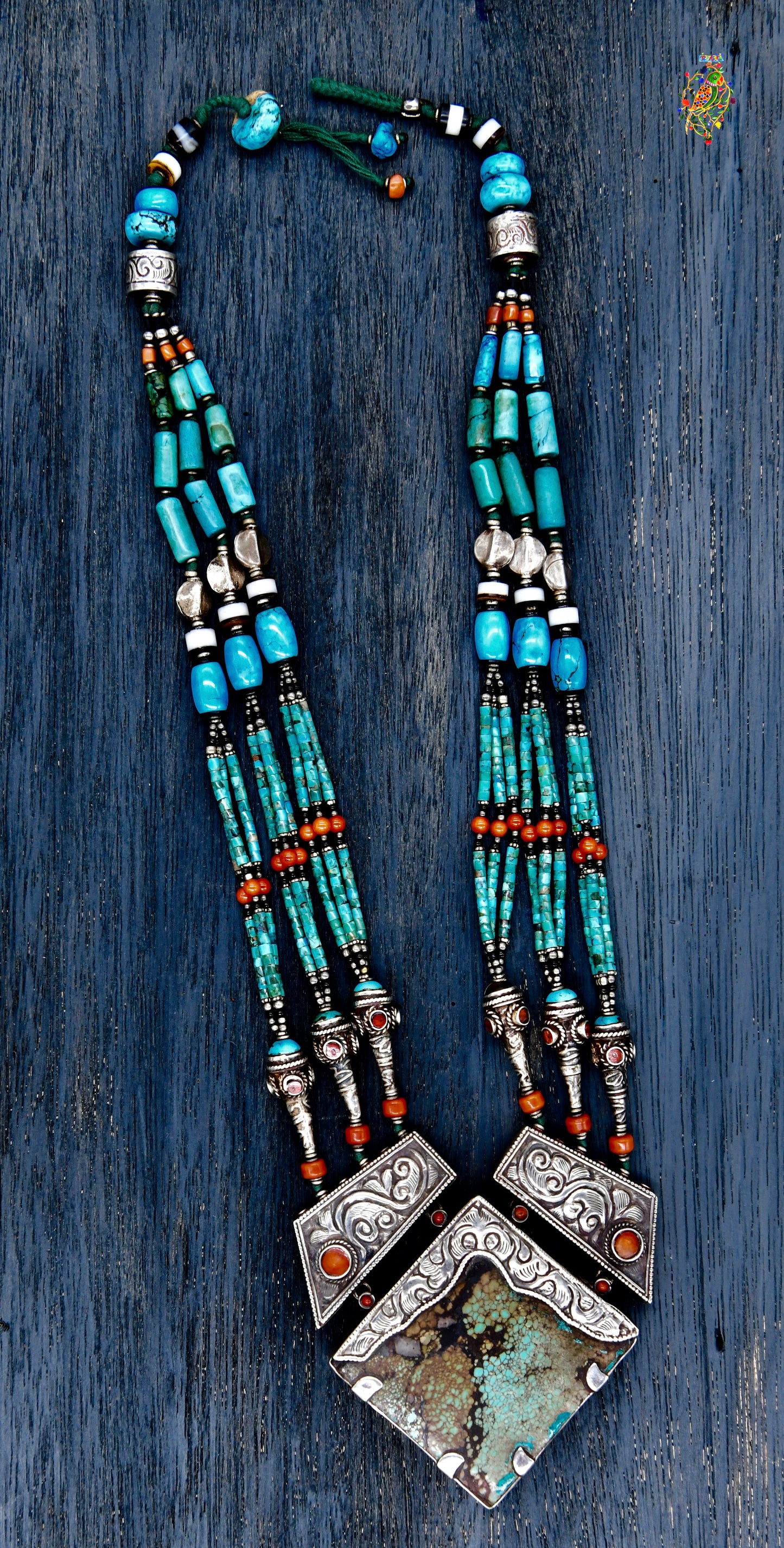 Antique Silver Necklace on Turquoise Pipes