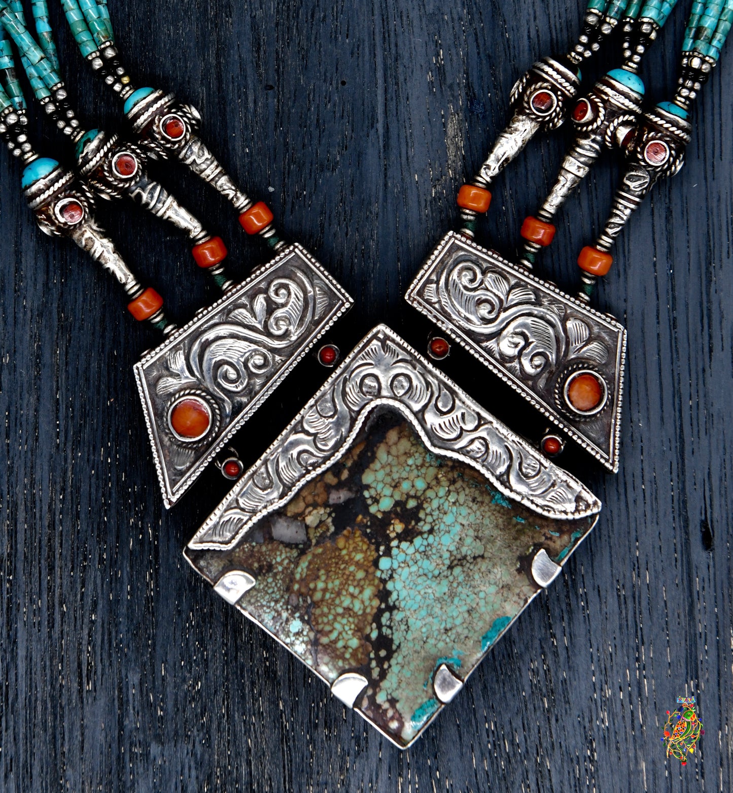 Antique Silver Necklace on Turquoise Pipes