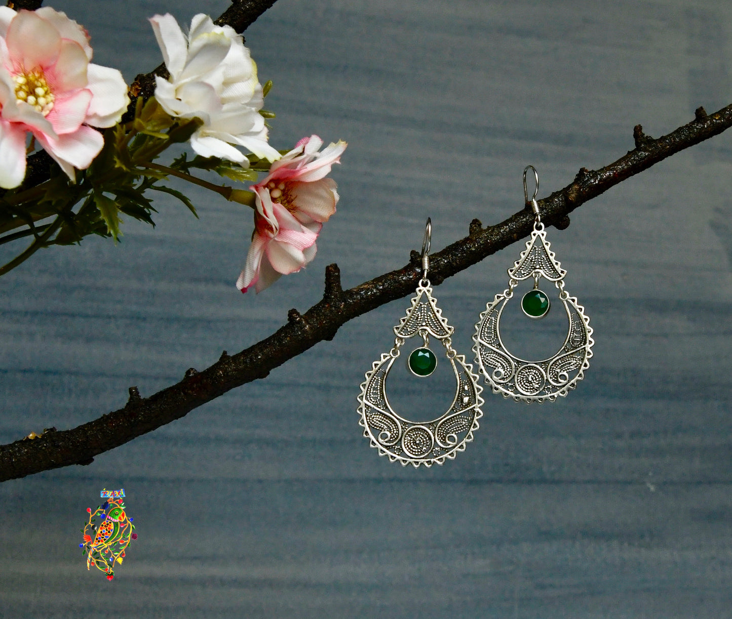 Silver Drop Earrings with Green Stone