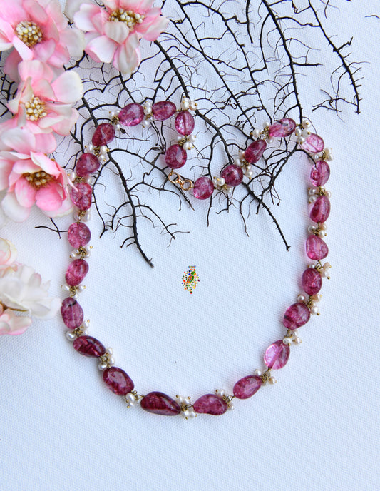 Pink Tourmaline Necklace Set with Pearl Tassels