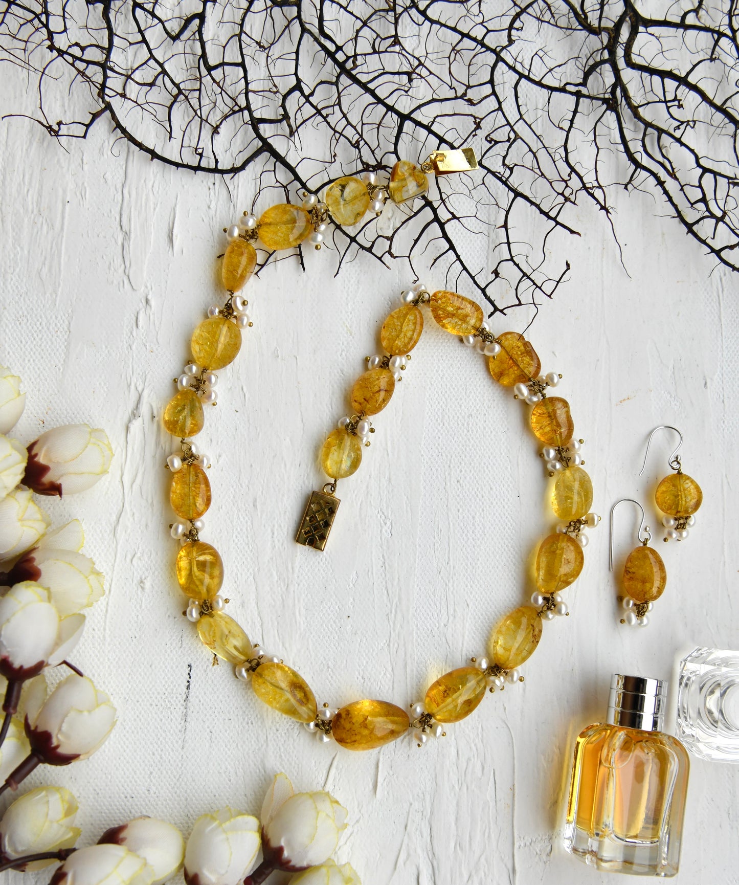 Amber Yellow Tourmaline Set with Pearl Tassels