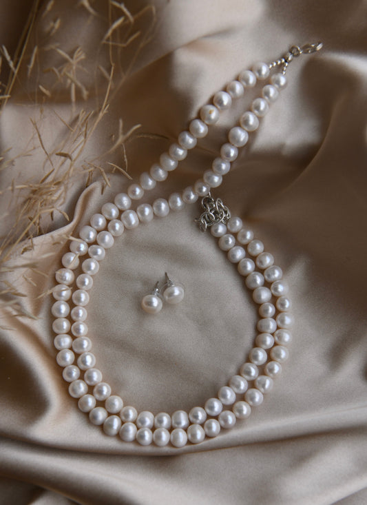 Classic Duet Pearl Necklace with Studs (8 mm Freshwater Pearls)