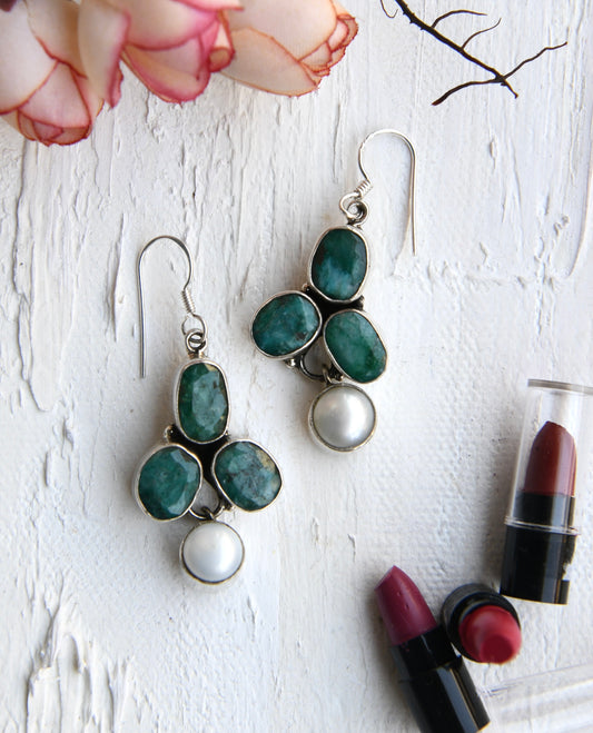 Stacked Emerald Pearls Earrings