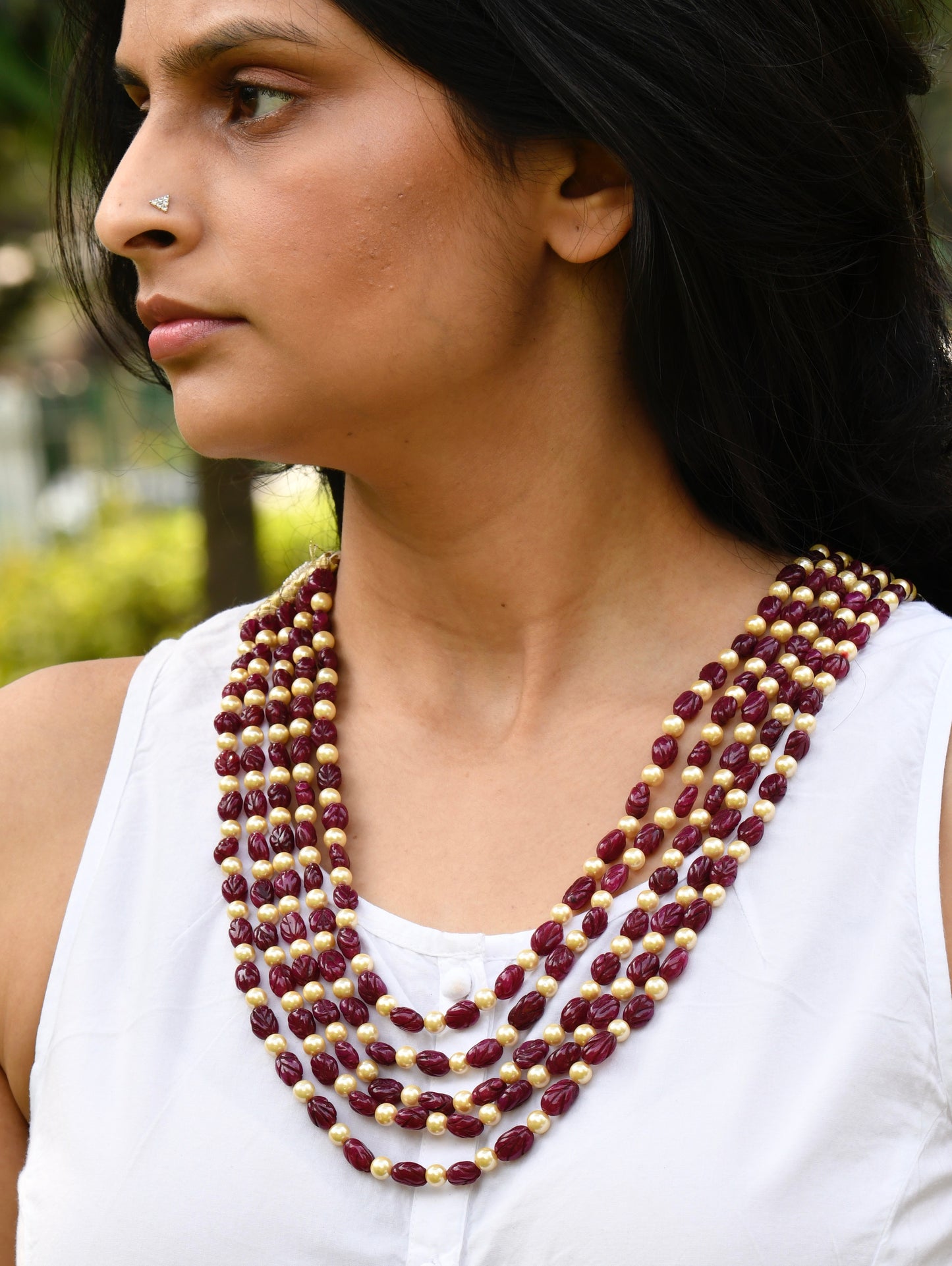 Carved Ruby and Pearl Necklace